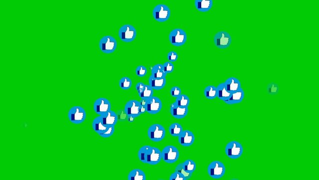 Animated, Scattering thumb-shaped social media icons. Isolated on green background.