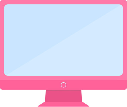 Cute pink computer on white background. Home workplace concept. Cartoon flat illustration