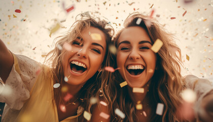 Two young female friends taking selfie with confetti during celebration