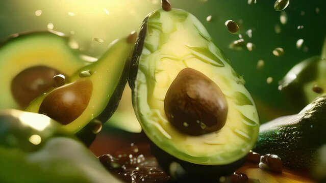 Rich chunks of avocado glisten and twist in the air slowly descending in a dreamlike sequence.