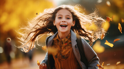 A happy child headed to school on an autumn day