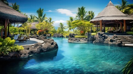 Luxury tropical vacation spa swimming pool mauritius island created with Generative AI