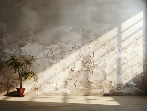 broken wall mockup for advertising in beige and abandoned room dappled sunlight