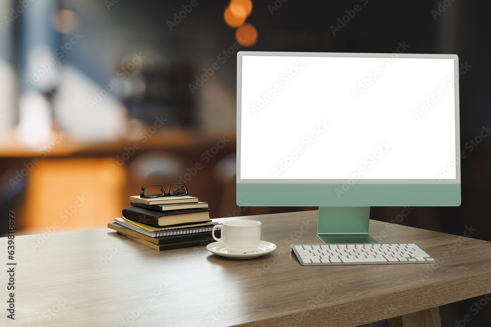 Poster laptop with blank screen on table. workspace background new project on laptop computer with blank co
