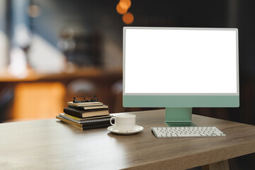 Laptop with blank screen on table. Workspace background new project on laptop computer with blank copy space screen for your advertising text message