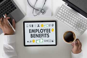Employee Benefits Concept Man working on the computer Benefits and bonus support: insurance, health...