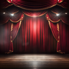 Red curtain on magic theatre stage, with spotlight show, with space for text