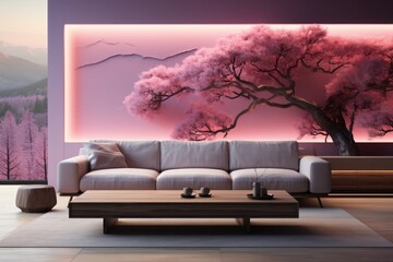 Minimalist Organic Living Room with Sofa and TV. Monochromatic Elegance.