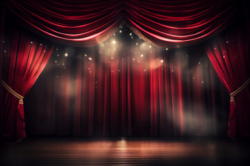 Red curtain on magic theatre stage, with spotlight show, with space for text