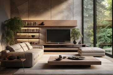 Minimalist Organic Living Room with Sofa and Television. Monochromatic Elegance.