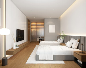 Fototapeta na wymiar Modern minimalist style bedroom decorated with double bed and side table, tv cabinet and wardrobe. 3d rendering
