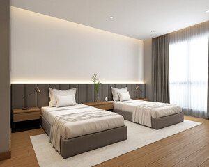Modern minimalist style bedroom decorated with double bed and side table, upholstered wall panels and white wall paint. 3d rendering