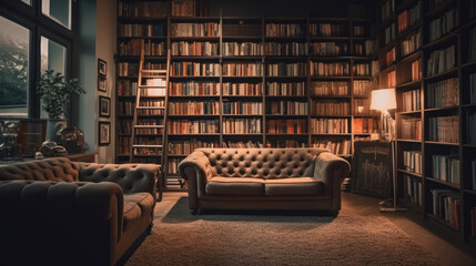 Bookshelves in the library. Large bookcase with lots of books. Sofa in the room for reading books. Library or shop with bookcases. Cozy book background. Bookish, bookstore, bookshop. High quality.