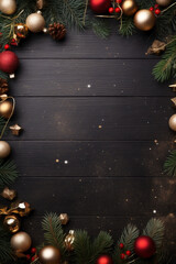 Xmas border desing around a blank space. Christmas themed border around a dark wood rectangle. Happy holidays postcard.