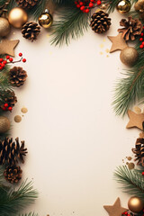 Fototapeta na wymiar Christmas coloured page border. Xmas border desing around a blank space with pine cones. Frame card concept.