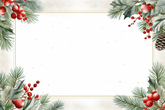 Xmas border desing around a blank space. Christmas themed border around a white rectangle with fruits and holly leaves.