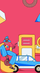 Vector internet operation hand-drawn illustration of people getting discounts for car refueling
