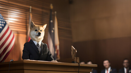 Satirical Shibu Inu as a doge coin judge in the courtroom, generative AI - obrazy, fototapety, plakaty