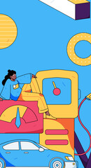 Vector internet operation hand-drawn illustration of people getting discounts for car refueling
