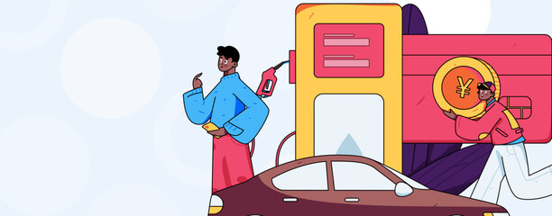 Vector internet operation hand-drawn illustration of people getting discounts for car refueling
