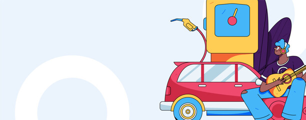 Vector internet operation hand-drawn illustration of people getting discounts for car refueling
