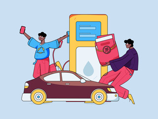Vector internet operation hand-drawn illustration of people getting discounts for car refueling
