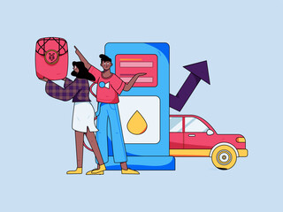 Vector internet operation hand-drawn illustration of people getting discounts for car refueling
