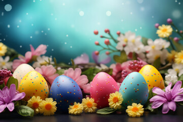 Fototapeta premium Easter greeting card, with Easter eggs and flowers, with space for text
