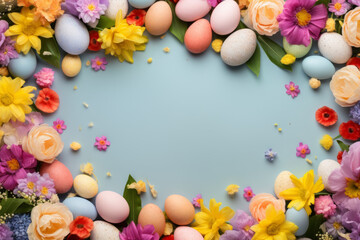 Naklejka na ściany i meble Easter greeting card, with Easter eggs and flowers, with space for text