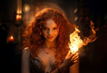 A red-haired female magician in a dress with a crazy and attractive charming smile holds a fire in her hand.