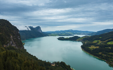 View to Mondsee lake from lookout on mountain. Drone view, Austria Alps mountain landscape background