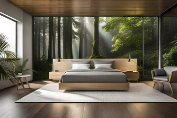 modern bedroom interior with comfortable bed and placed on rug under wooden ceiling near panoramic window overlooking trees in apartment