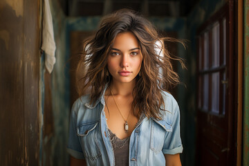Naklejka premium Brunette fashion model modeling wearing multiple layers of denim