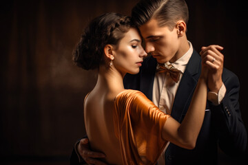 Dancing young elegant couple. Love story. Created with Generative AI. Not a real person.