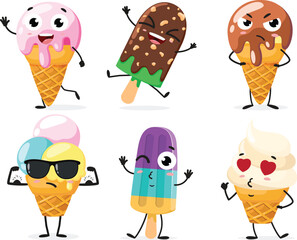 Funny ice creams cartoon characters, isolated on white background
