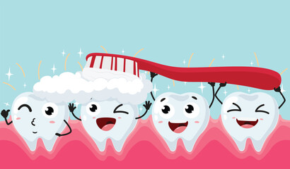 Happy dental tooth brushing cartoon characters, isolated on white background