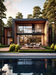 Modern villa decorated with wooden planks cladding in green forest
