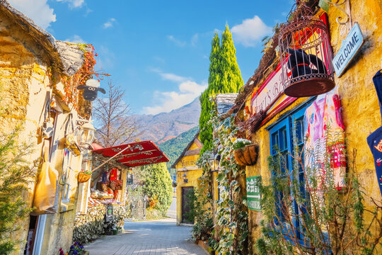 Yufuin, Japan - Nov 27 2022: Yufuin Floral Village is a theme park based on the Cotswolds area in England. The village fills with souvenir shops for tourist to do the shopping