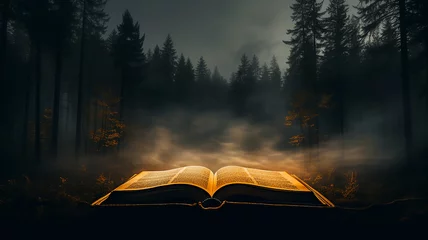 Crédence de cuisine en verre imprimé Forêt des fées an open book of mystical fairy tales background in a foggy night forest the mystery of an old book