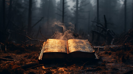an open book of mystical fairy tales background in a foggy night forest the mystery of an old book