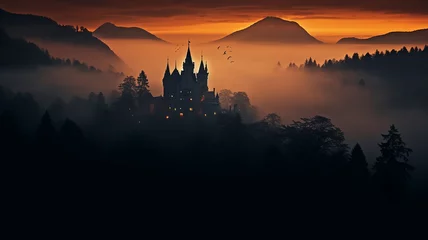 Poster misty landscape in autumn mountains lighting, medieval princess castle glows in the night landscape among the clouds © kichigin19