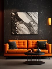Orange velvet sofa against of black paneling wall with marble poster. Interior design of modern living room