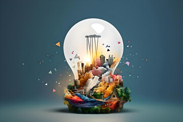 A virtual white bulb sitting on colorful papers. Inspiring concept.