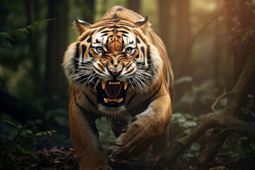 Obraz premium Close up of an angry tiger roaring towards the camera