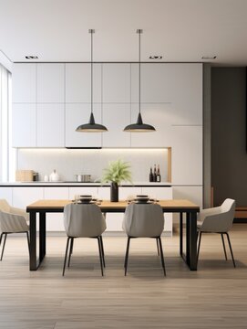 Panorama of modern minimalist interior design of kitchen with island, dining table and chairs