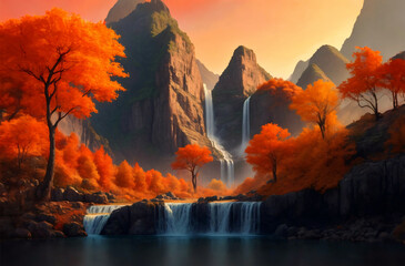 Landscape with waterfalls, trees with orange leaves and mountains in the background.