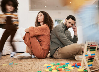 Parents, floor and stress with kid running, toys and motion blur for speed, naughty or overwhelmed...