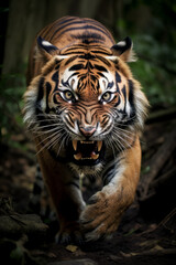 Close up of an angry tiger roaring towards the camera