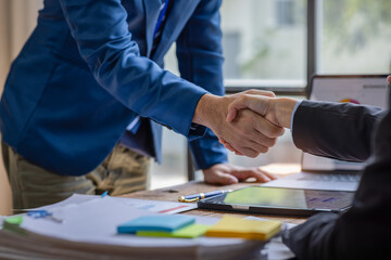 Business handshake for teamwork of business merger and acquisition,successful negotiate,hand shake, businessman shake hand with partner to celebration partnership and business deal concept - obrazy, fototapety, plakaty