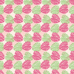 Tropical leaves seamless pattern of Monstera philodendron leaves in pink green color tone, tropical background.